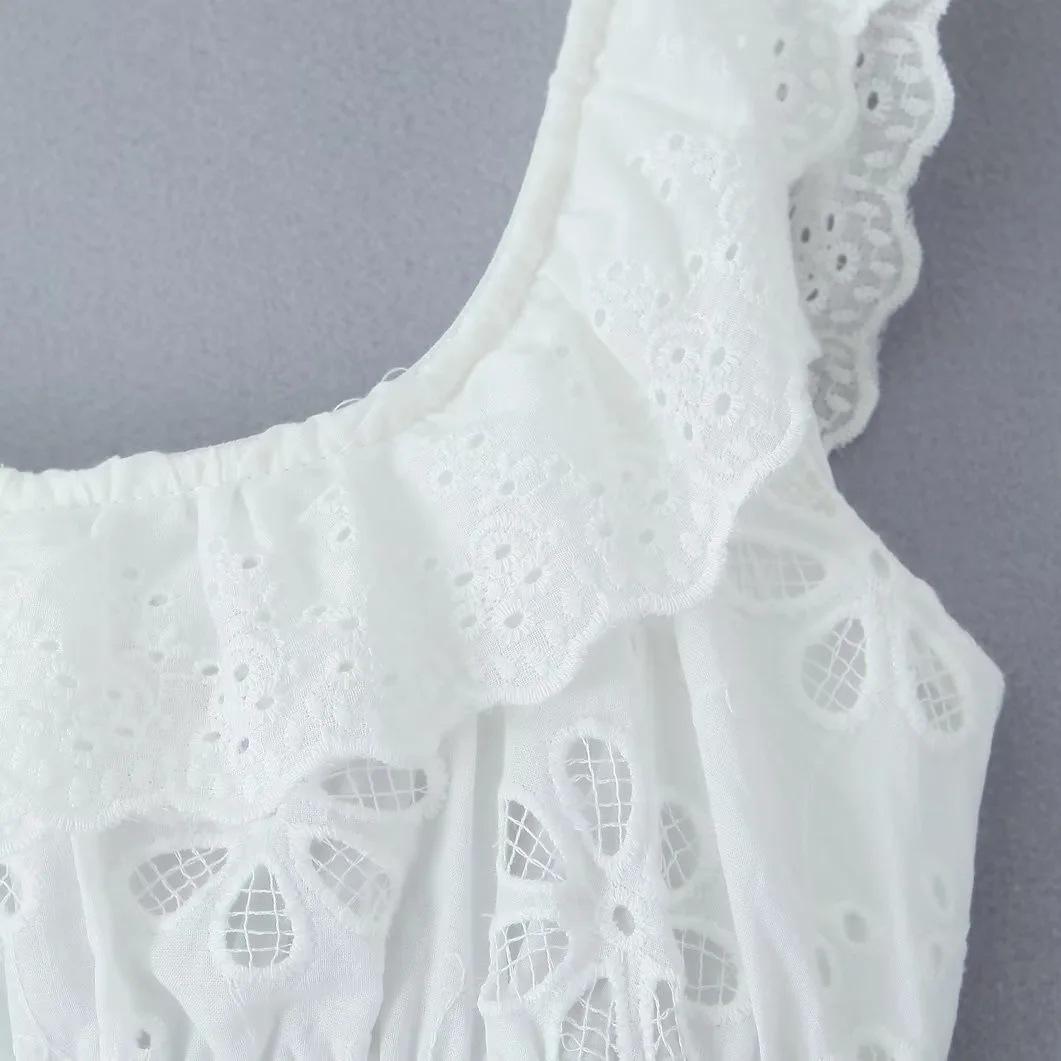 White eyelet A-line maxi dress with smocked bodice and ruffle straps - View 11 | Lwiis