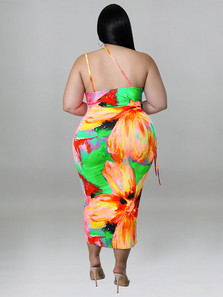 One Shoulder Floral Print Midi Dress - View 6 | Lwiis