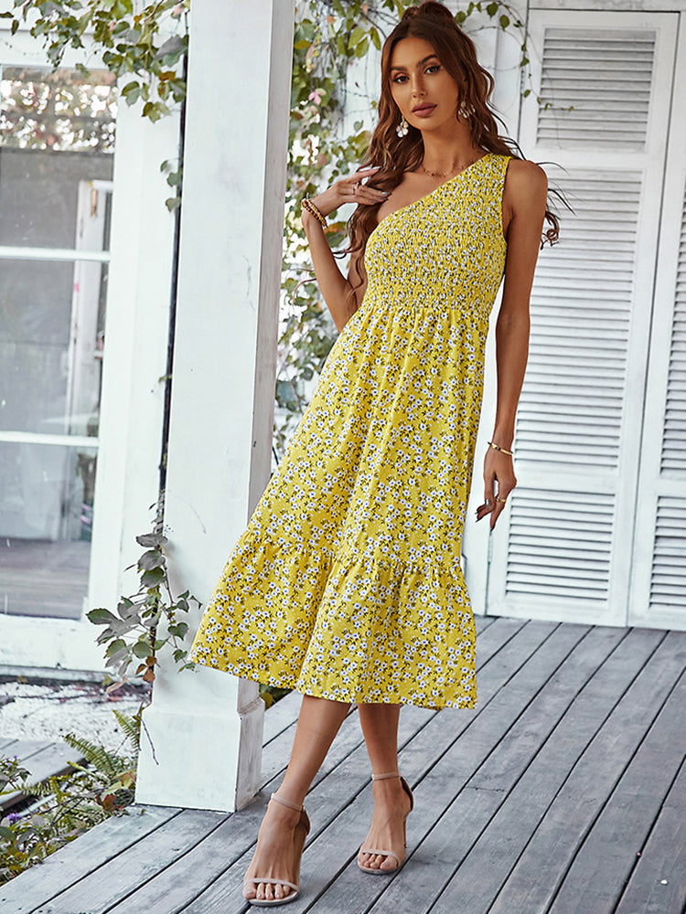 One Shoulder Floral Midi Dress - View 13 | Lwiis