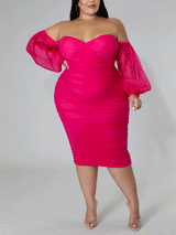 Off Shoulder Mesh Sleeve Midi Dress - View 6 | Lwiis