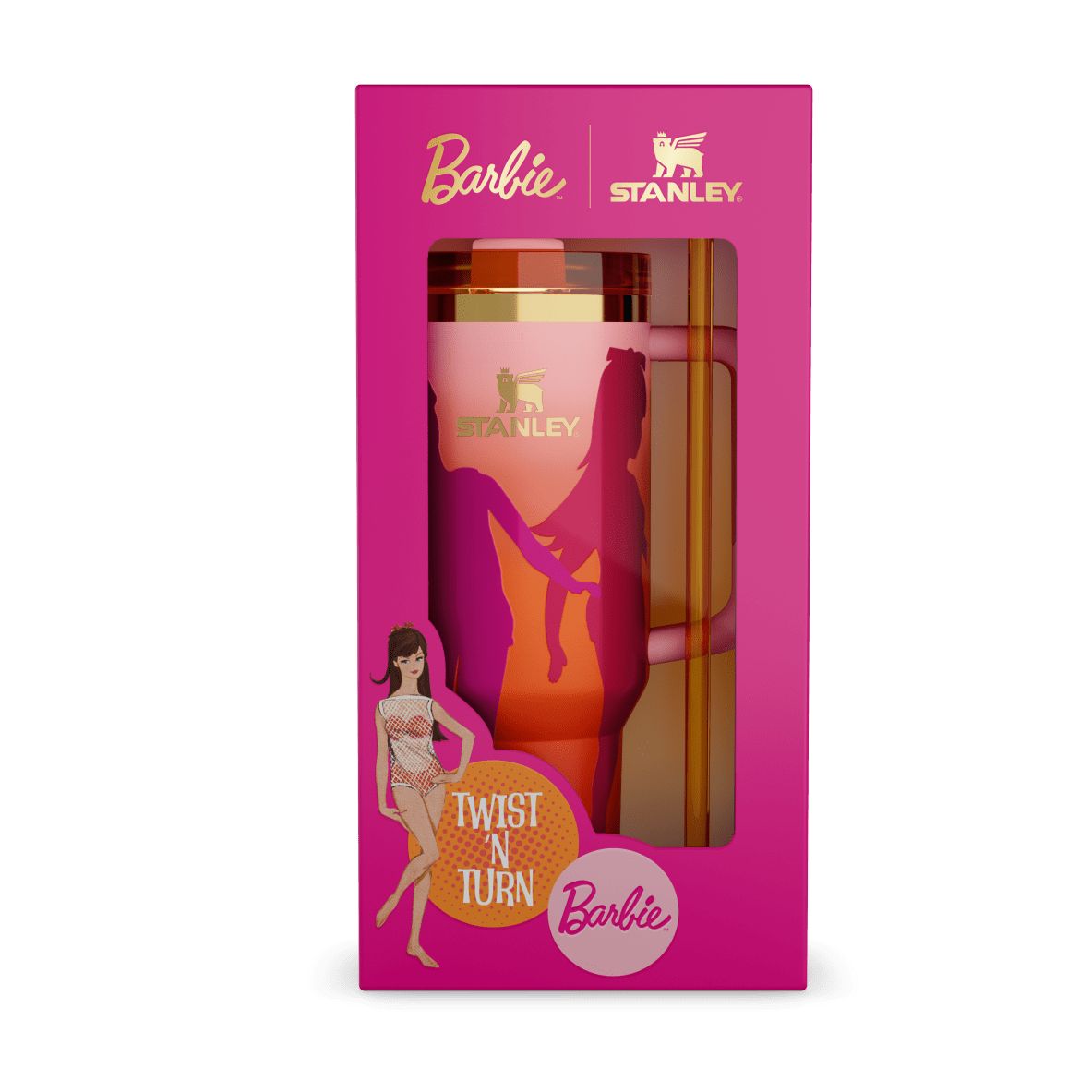 Close-up of the Stanley Barbie Collection 40 oz Quencher Tumbler.