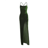 Green velvet maxi dress with a high slit