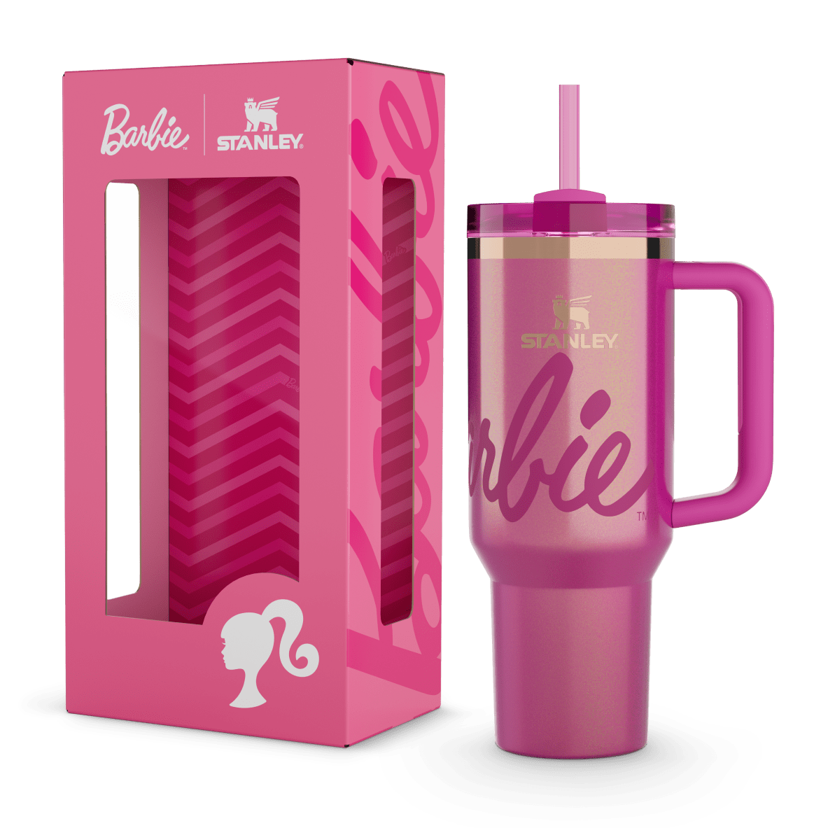 Stanley x Barbie pink metallic tumbler with handle and straw, displayed next to its pink Barbie-themed packaging.
