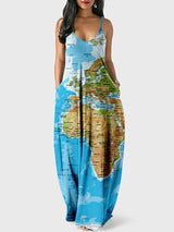 Spaghetti strap maxi dress with world map print - View 12 | Lwiis