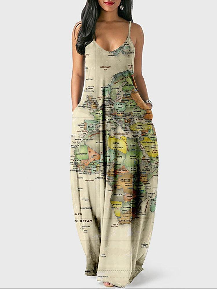 Spaghetti strap maxi dress with world map print - View 11 | Lwiis