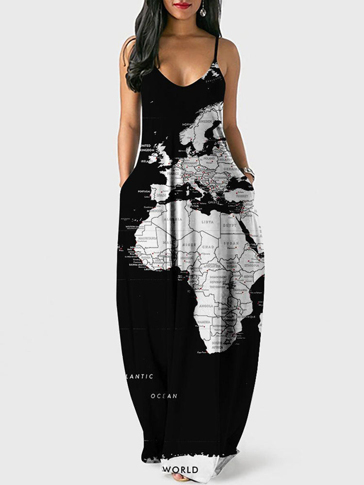 Spaghetti strap maxi dress with world map print - View 7 | Lwiis