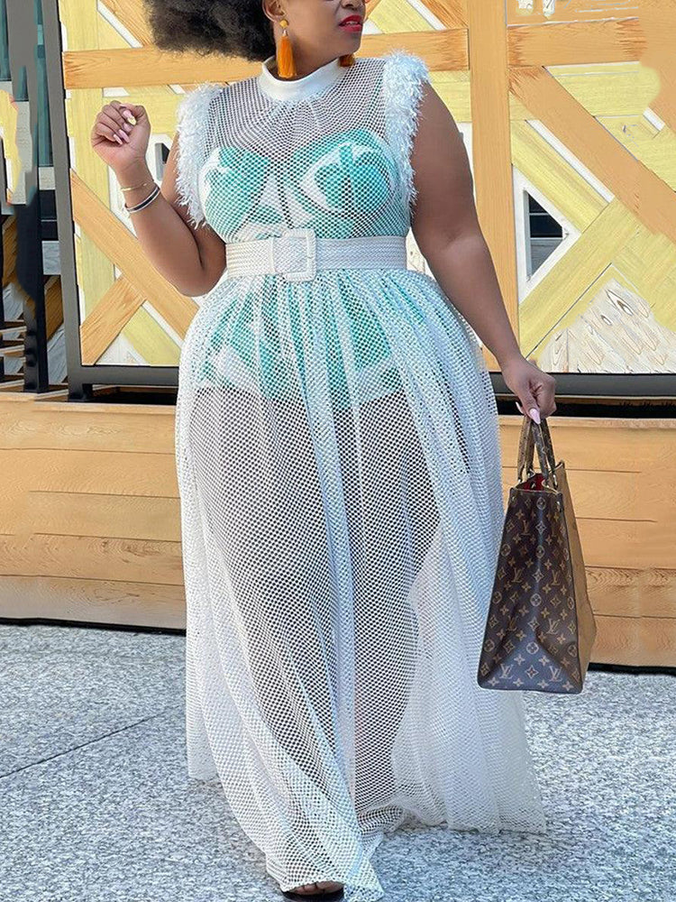 Printed mesh maxi dress set with leopard print top and wide belt - View 7 | Lwiis