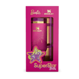Close-up of the Barbie x Stanley tumbler, highlighting the pink color and gold star design.