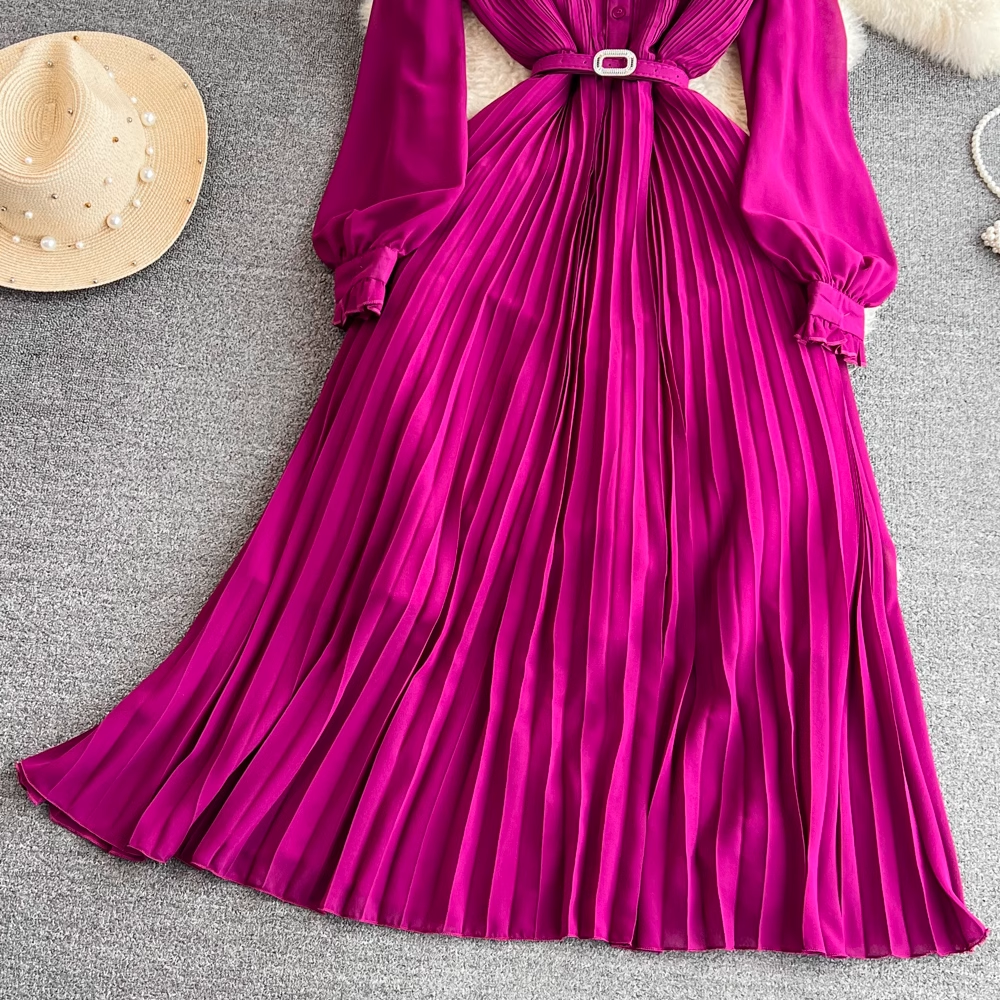 Pleated A-line maxi dress with belted waist and collared neckline - View 8 | Lwiis