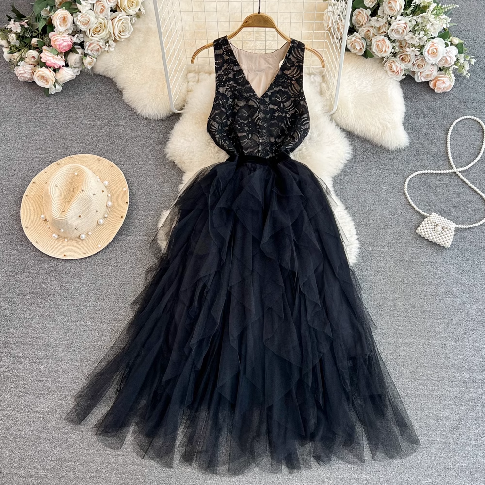 Black tiered tulle dress with lace bodice