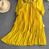 Pleated A-line maxi dress with belted waist and collared neckline - View 19 | Lwiis
