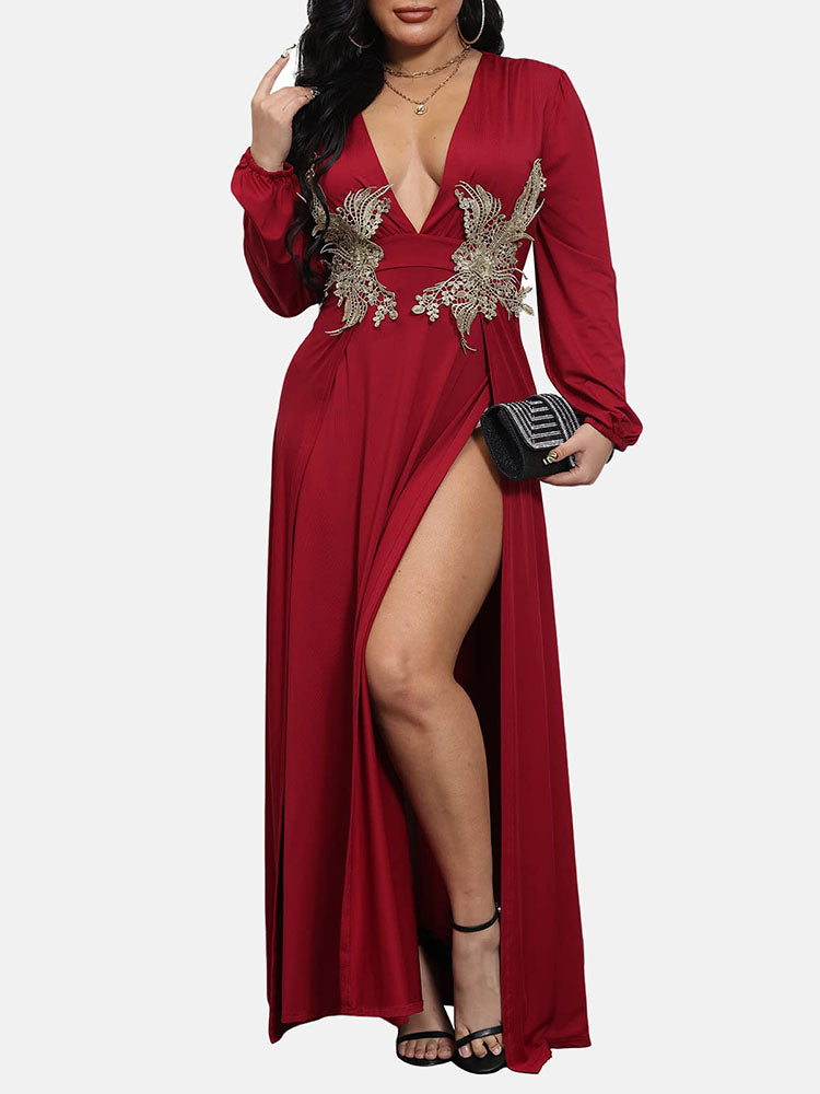 Elegant Maxi Dress with High Split and Embellished Waist - View 15 | Lwiis