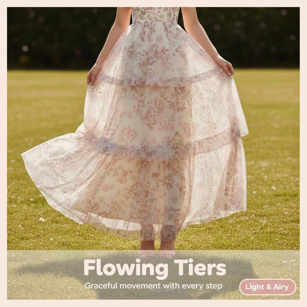 Close-up of the flowing tiered skirt of a floral maxi dress.