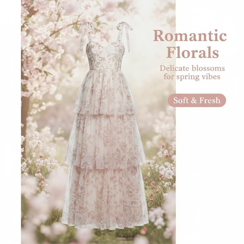 Product image of a floral tiered maxi dress with a soft floral background.