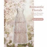 Product image of a floral tiered maxi dress with a soft floral background.