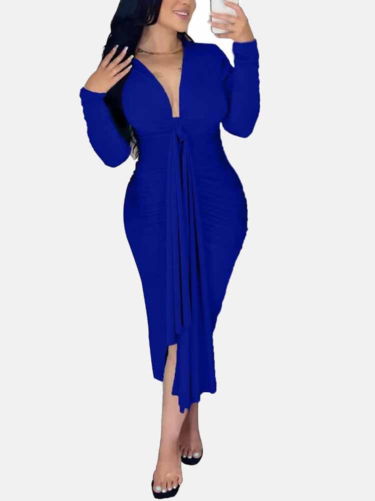 V Neck Tie Front Ruched Dress - View 15 | Lwiis