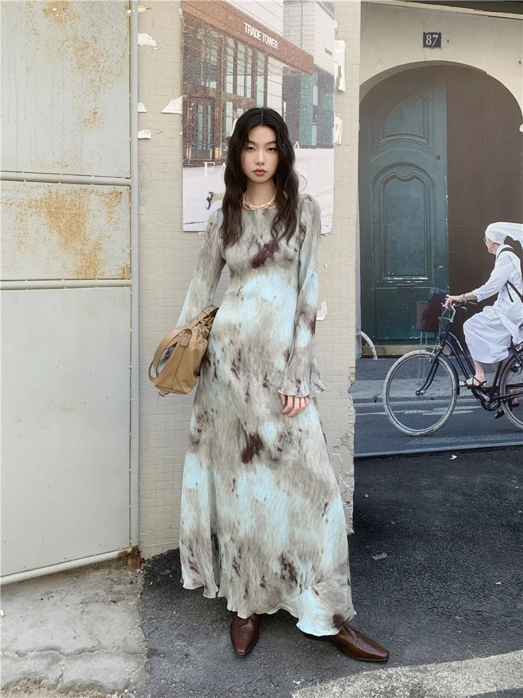 Flared Sleeve Maxi Dress with Tie Dye Print - View 7 | Lwiis
