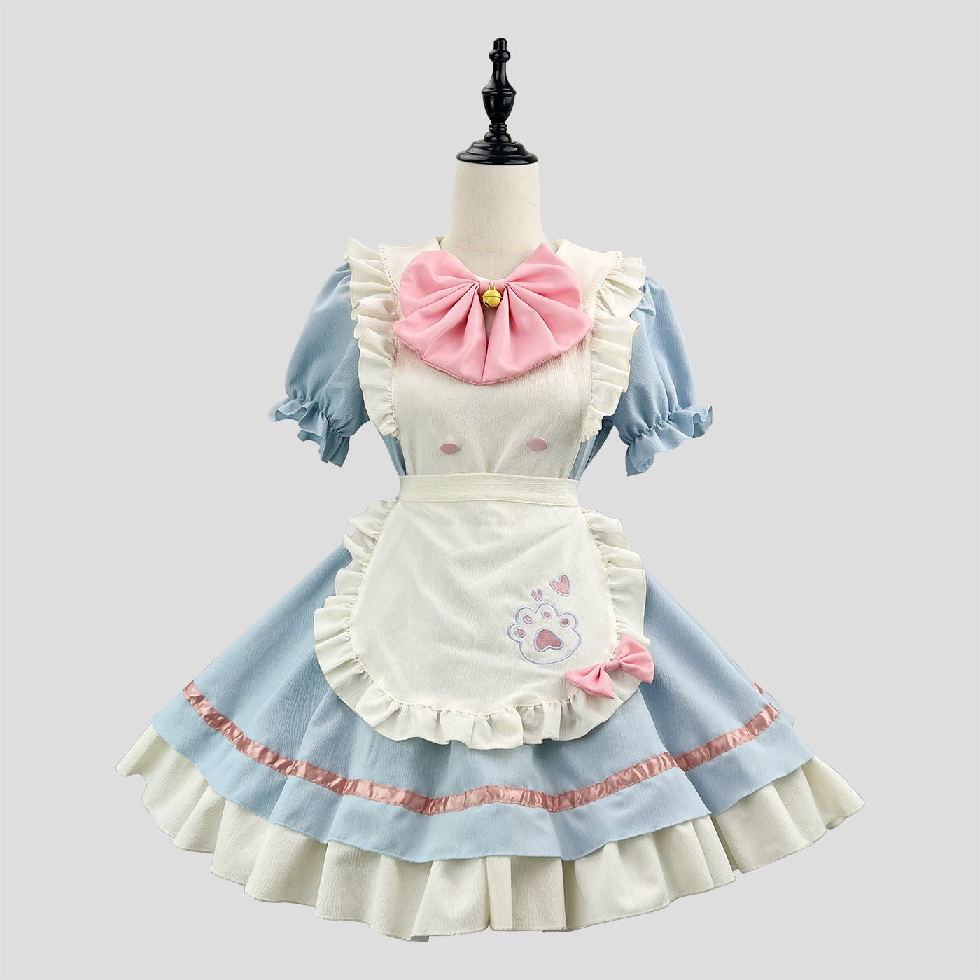A blue and white maid costume with pink accents, displayed on a mannequin.