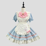 A blue and white maid costume with pink accents, displayed on a mannequin.
