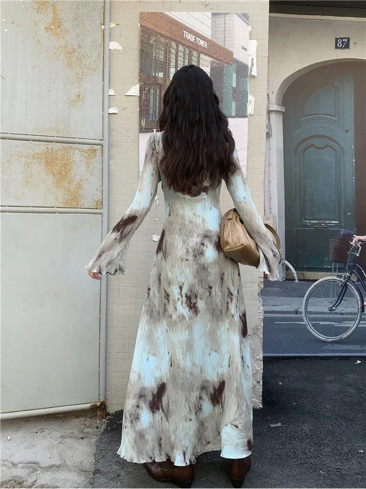 Flared Sleeve Maxi Dress with Tie Dye Print - View 6 | Lwiis