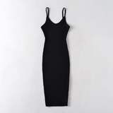 Black ribbed knit midi dress with spaghetti straps and V-neck