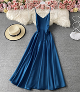 blue satin spaghetti strap v-neck a-line maxi dress