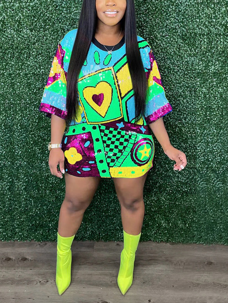 Sequin T-Shirt Dress with Geometric Print - View 9 | Lwiis