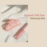 A pink hair claw clip with bows and rhinestones is displayed next to a pink lip gloss on a white satin fabric, with text overlay 'Romantic Pink Tone Flattering & Girly'