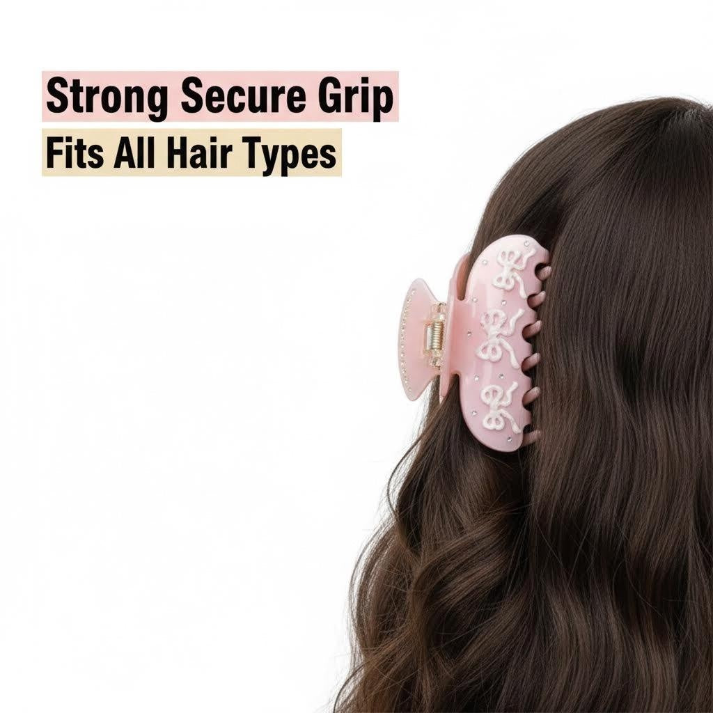 Elegant hair claw clip with pink bows and rhinestone accents - View 7 | Lwiis