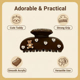 Product collage showcasing a teddy bear hair claw clip with features like "Cute Teddy", "Strong Grip", "Smooth Acrylic", and "Verastile Use"