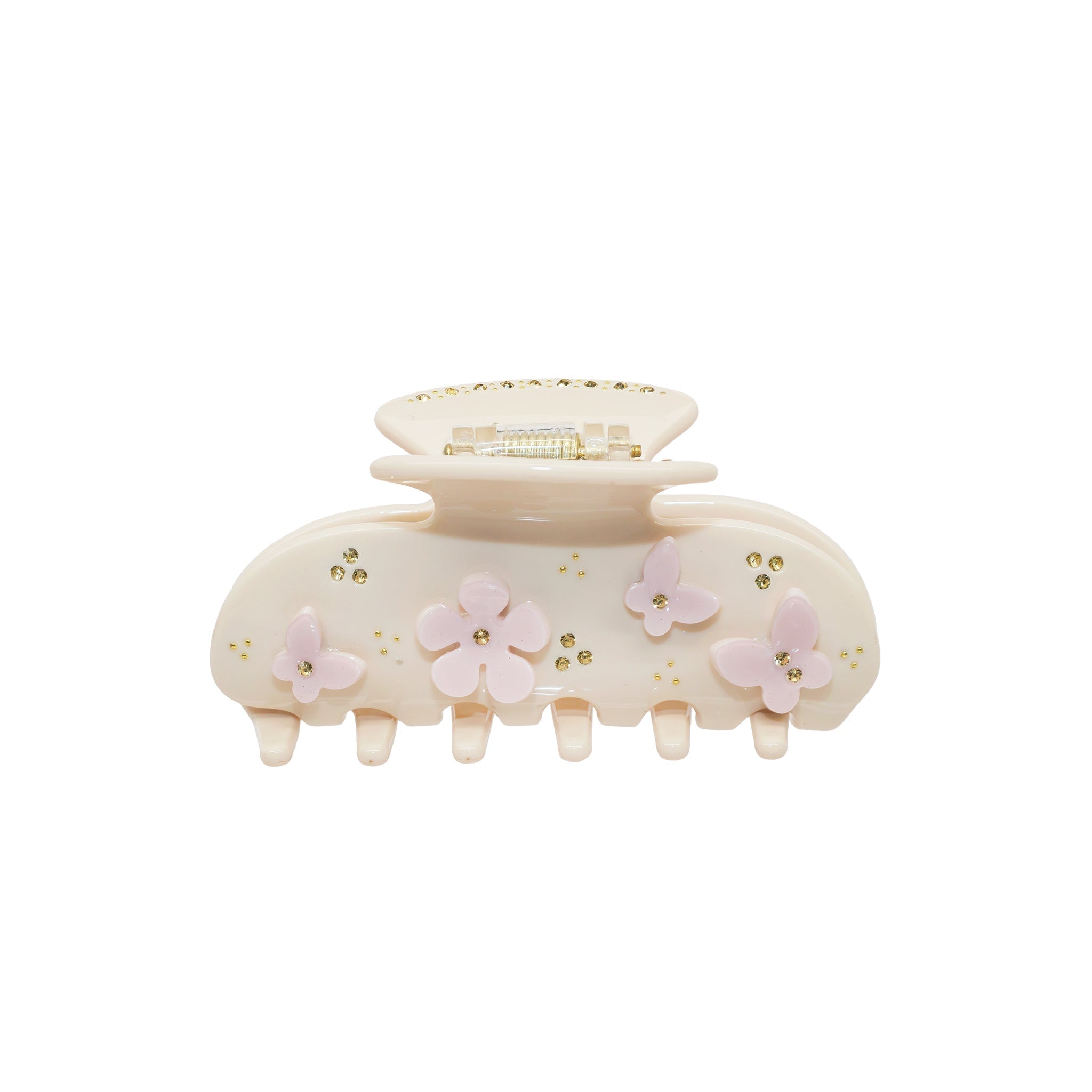 A light cream-colored acetate claw clip adorned with pastel pink butterflies and flowers, accented with small gold rhinestones.