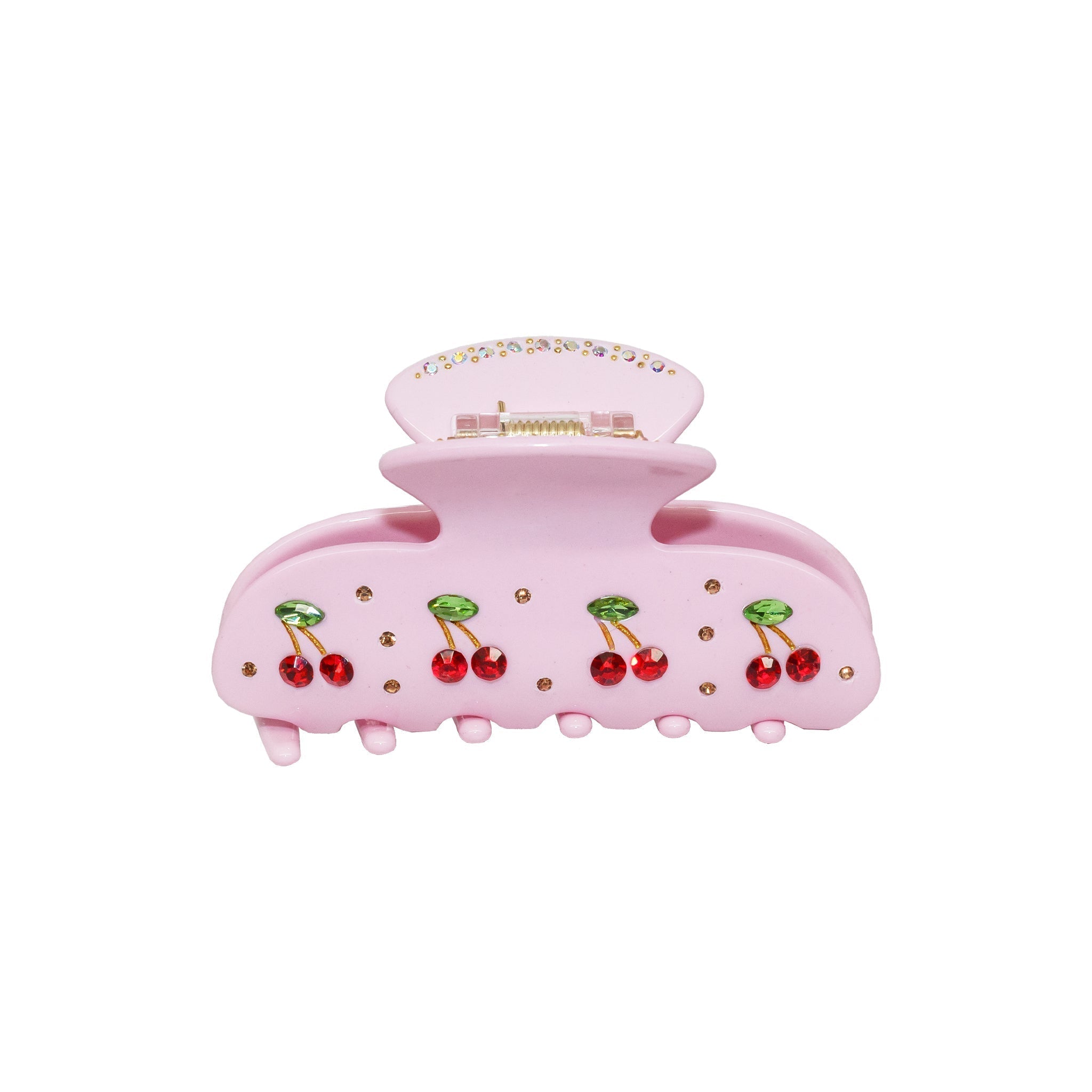 A pink plastic claw clip with cherry and rhinestone embellishments.