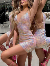 Sequin mini dress with V-neckline - View 8 | Lwiis