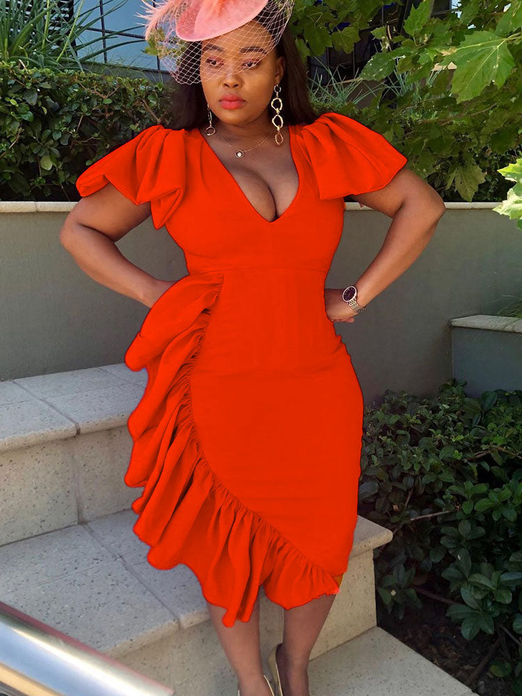 V-neck midi dress with flutter sleeves - View 7 | Lwiis
