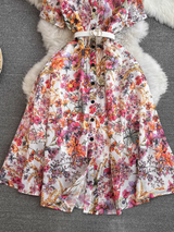 Detail shot of the buttons and collar on a floral print midi dress.