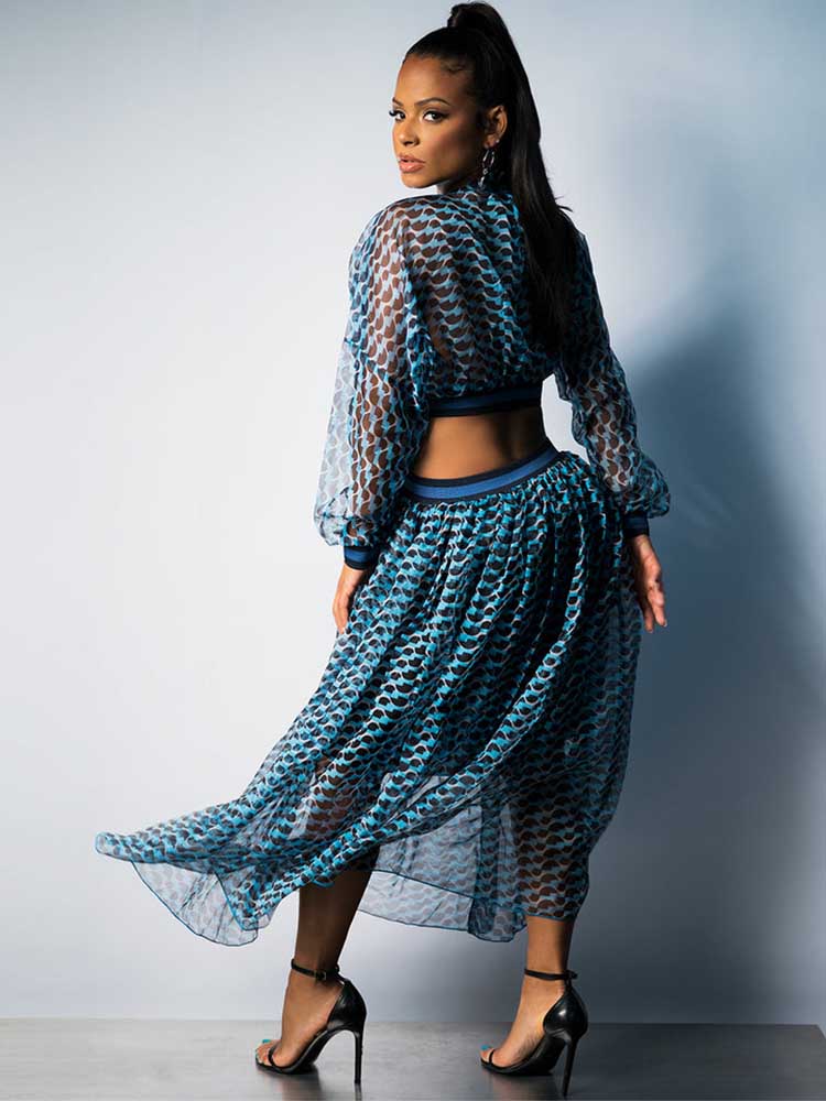 Blue chiffon maxi dress with geometric print and mock neckline - View 8 | Lwiis