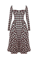 Plaid Pattern Long Sleeve Corset A - Line Pleated Midi Dress - View 8 | Lwiis