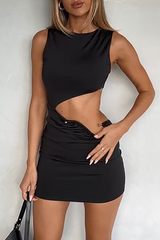 Woman wearing a black sleeveless round neck mini dress with side cut-outs and ruched detailing.