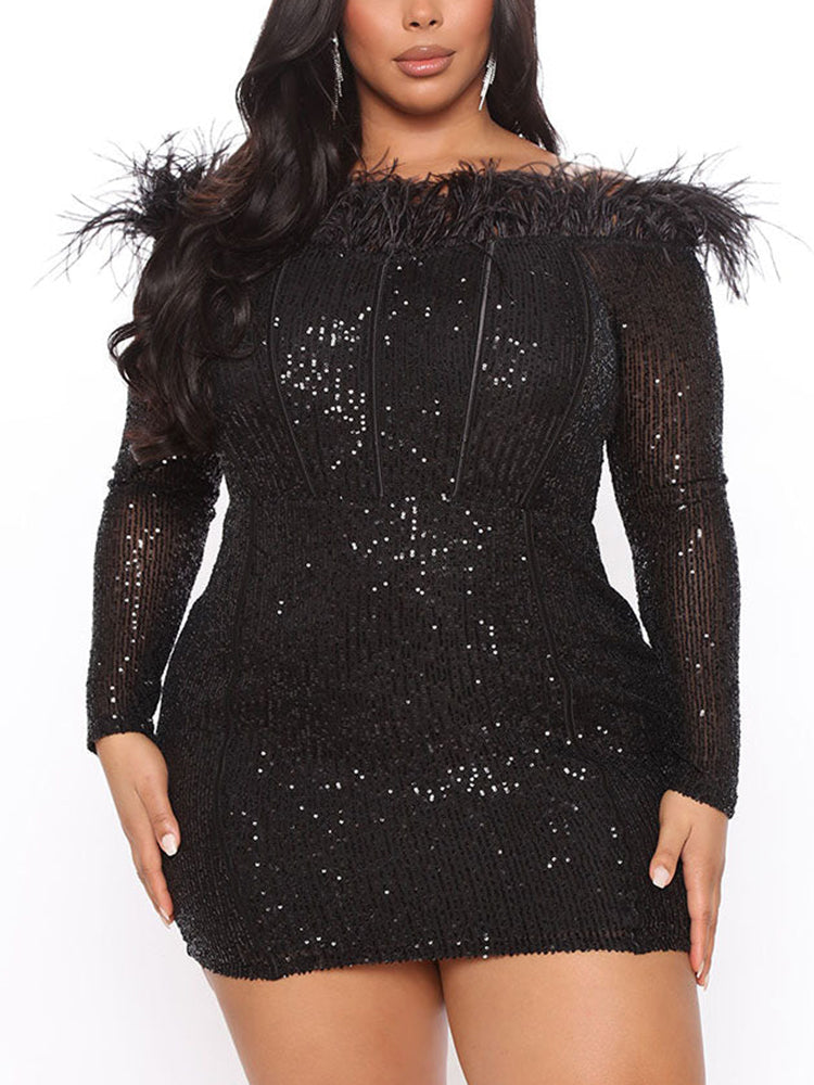 woman wearing a black sequined off-the-shoulder dress with feather trim