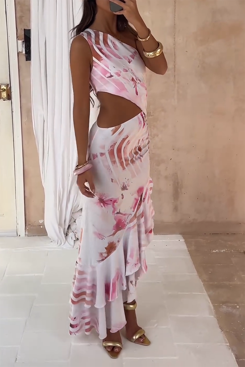 Floral print one-shoulder maxi dress with asymmetrical neckline and ruffled hem - View 8 | Lwiis