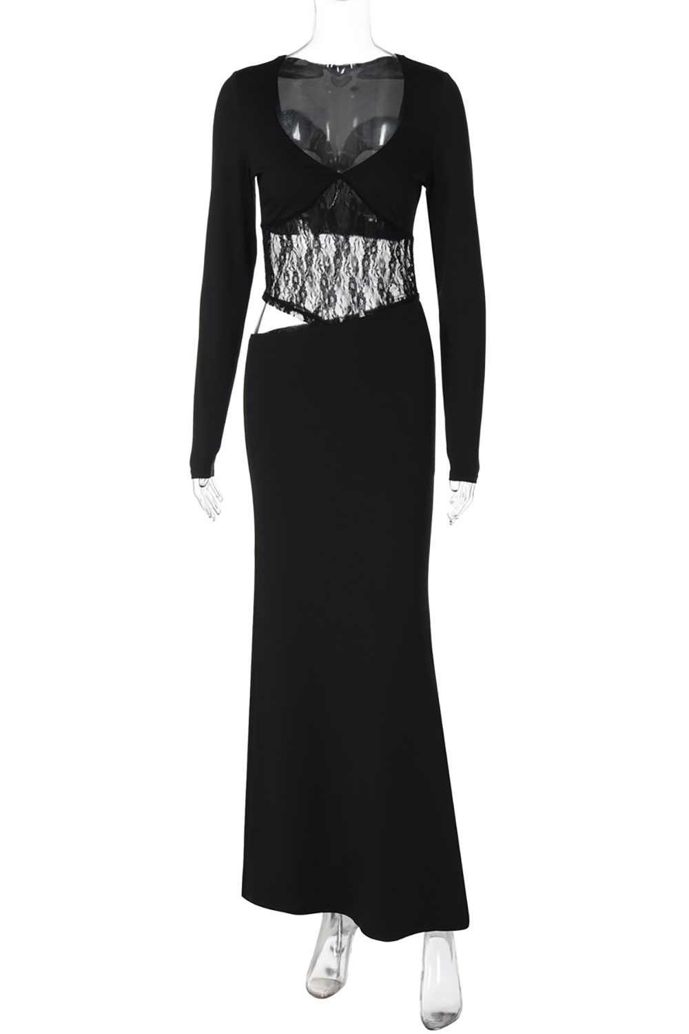 Lace trim maxi dress with long sleeves and V-neckline - View 8 | Lwiis
