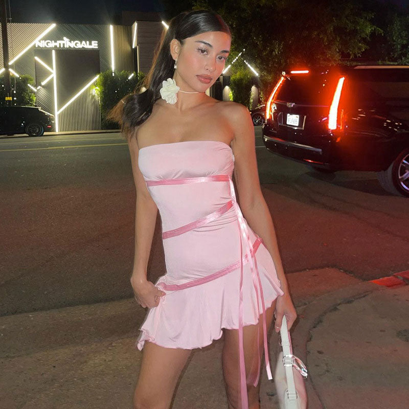 Solid Color Ribbon trim Ruffle Hem Strapless Mini Dress - Pink