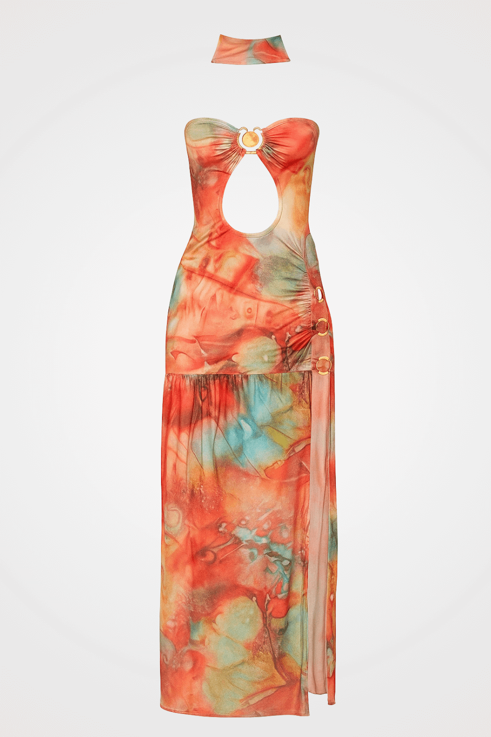 A strapless maxi dress with a tie-dye print and a cutout.