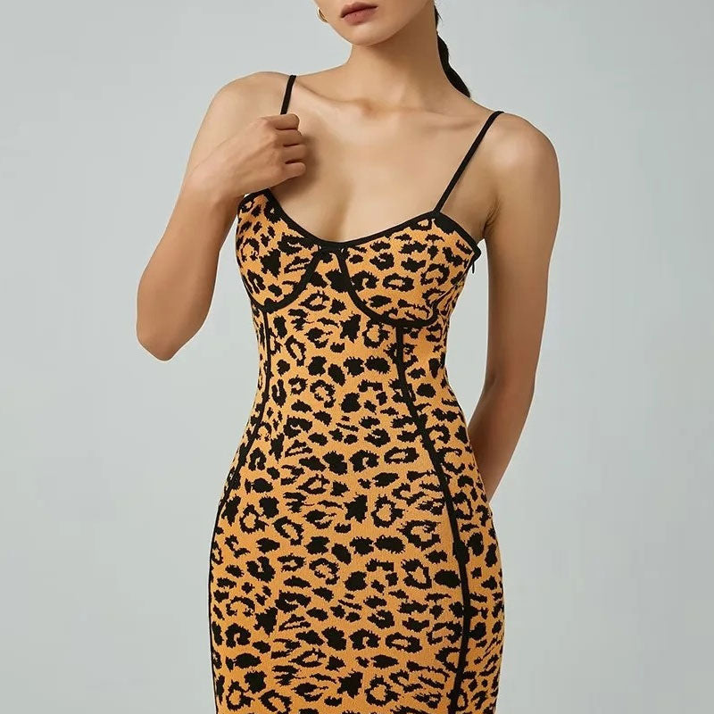 close-up of a leopard print bodycon midi dress