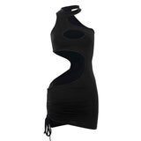 black halter neck cut-out dress with ruched detailing and drawstring hem