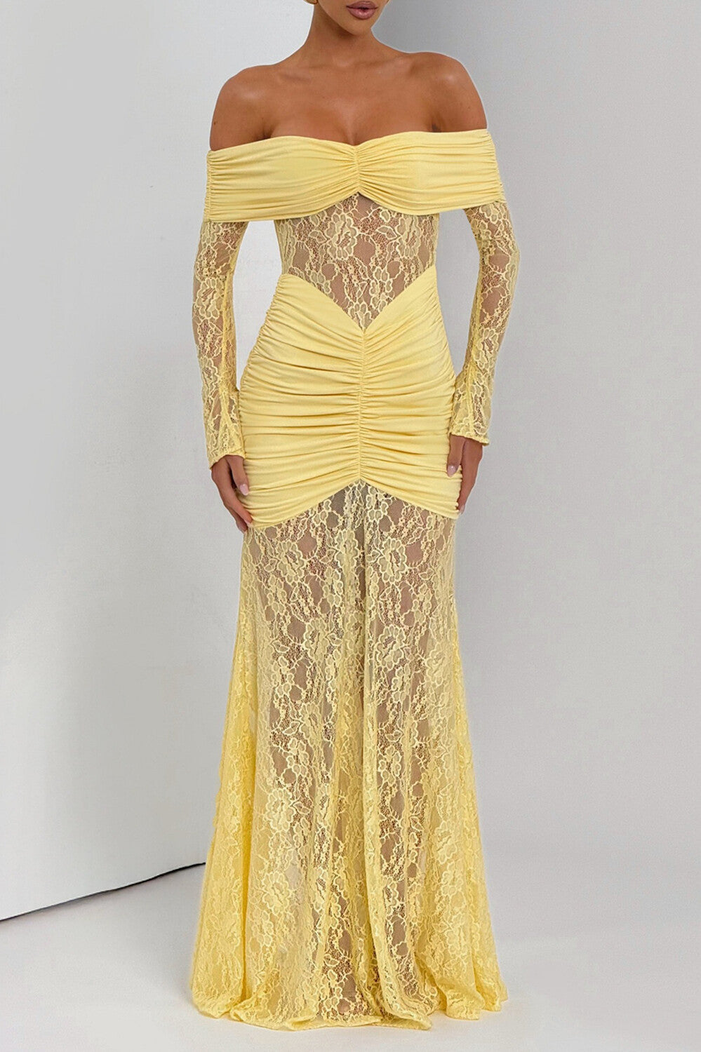 Off Shoulder Lace Patchwork Ruched Maxi Dress - View 8 | Lwiis