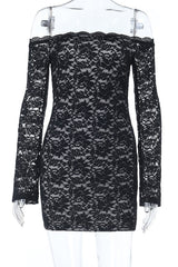 Close-up of a black lace off-the-shoulder mini dress with long bell sleeves on a mannequin.