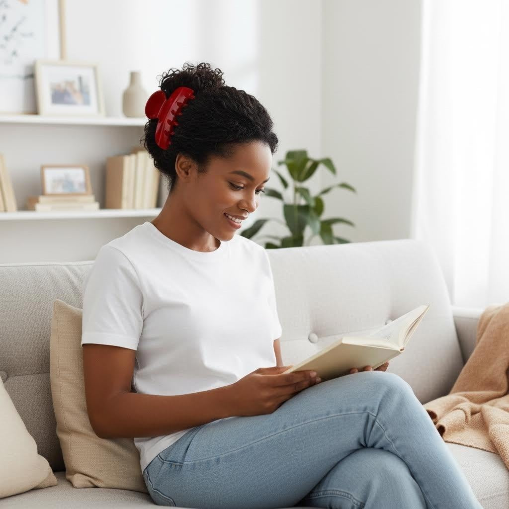 Woman with dark curly hair styled with a red claw clip, reading a book on a couch