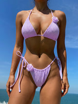 Lavender ruched bikini with floral applique, front view