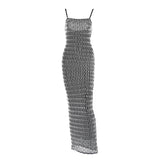 Black and white chevron print maxi dress with spaghetti straps.
